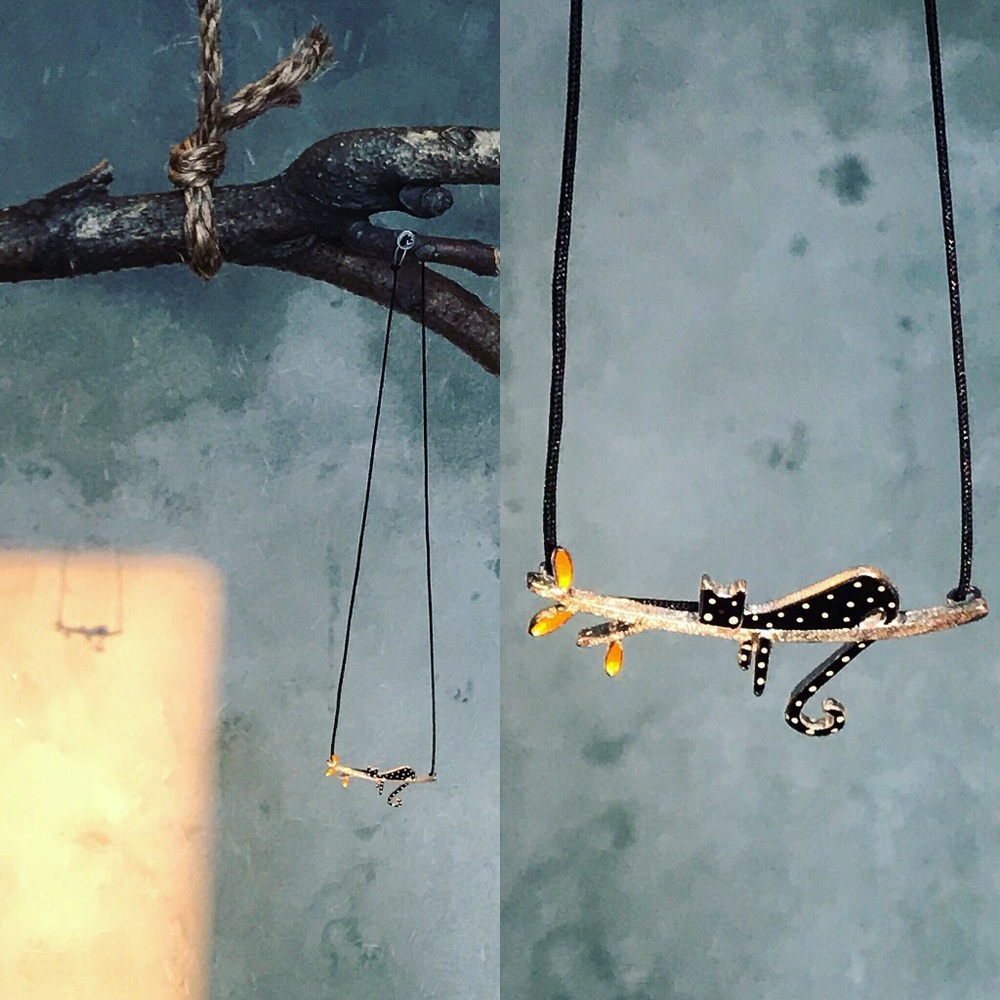 Silver Black Polka dot cat on a perch necklace